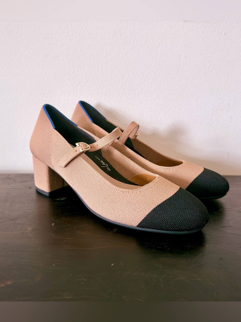 Rothy’s NWOT Wren Mary Jane Heel Size 8.5 Tan and Black Cap Toe